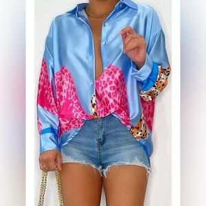 Casual Print Patchwork Turndown Collar Blouse
